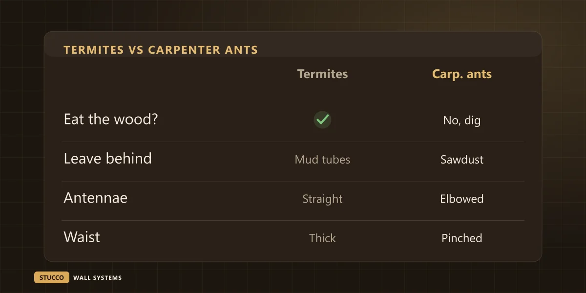 Comparison of termites and carpenter ants: termites eat wood and leave mud tubes, carpenter ants dig and leave sawdust, straight versus elbowed antennae, thick versus pinched waist