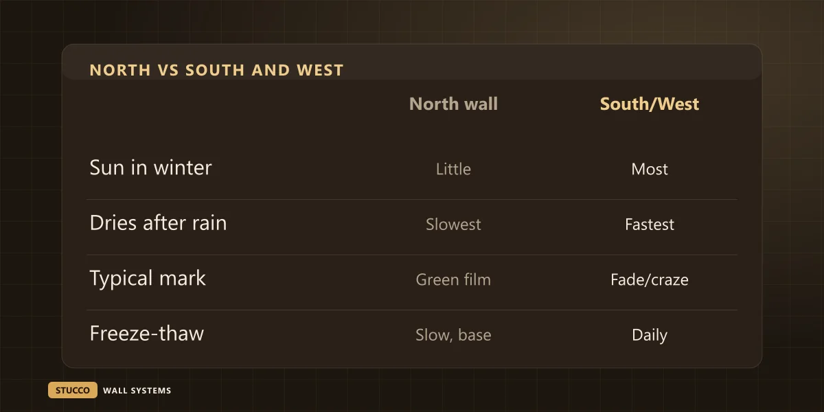 Comparison graphic of a north stucco wall against south and west walls: winter sun, drying time after rain, typical marks and freeze-thaw cycles