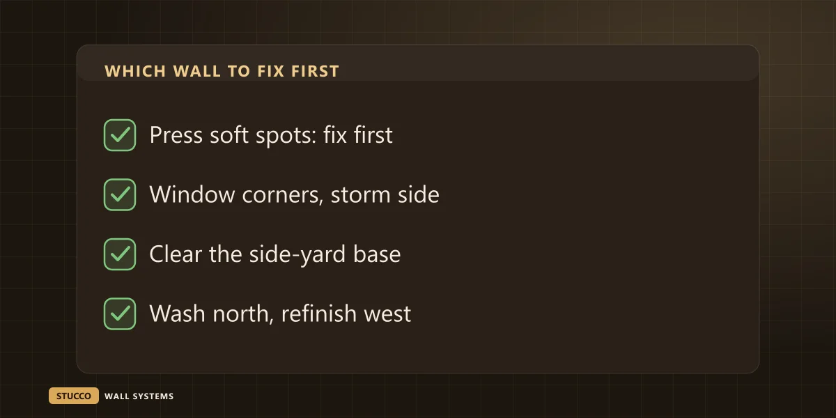 Checklist graphic of which stucco wall to fix first: soft spots, window corners on the storm side, the side-yard base, then washing the north wall and refinishing the west