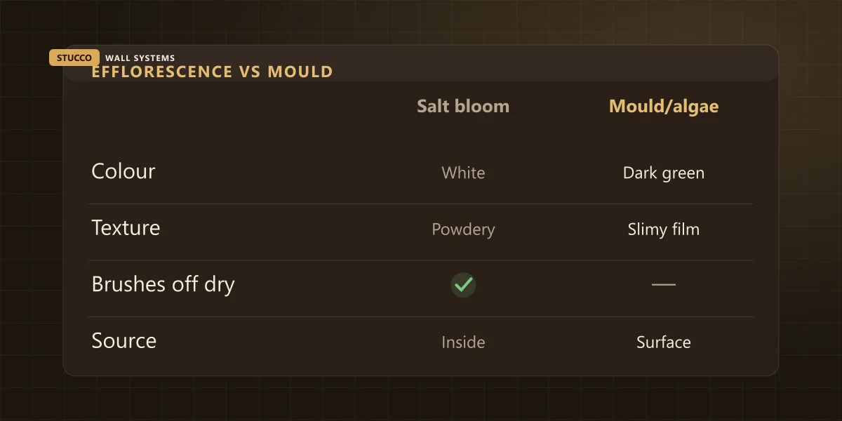 Comparison of efflorescence and surface mould on stucco by colour, texture, whether it brushes off dry and where it appears
