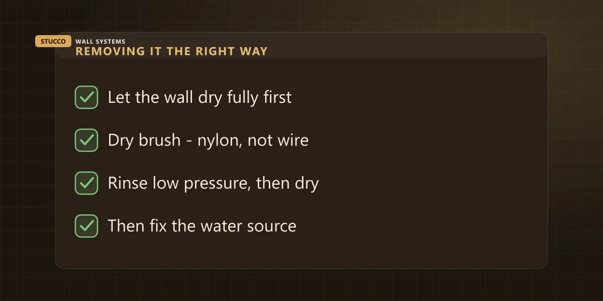 Four-step method for removing efflorescence from stucco: dry the wall, dry brush, low-pressure rinse, then fix the water source