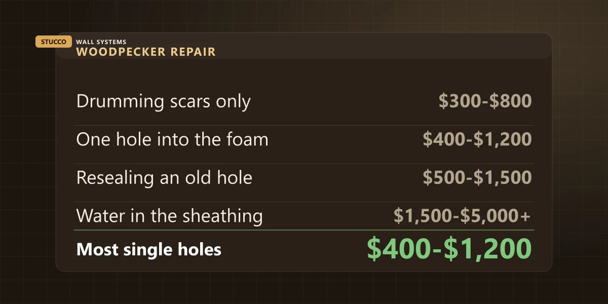 Typical cost bands for repairing woodpecker damage to stucco: drumming scars, one hole into the foam, resealing an old hole, and water in the sheathing